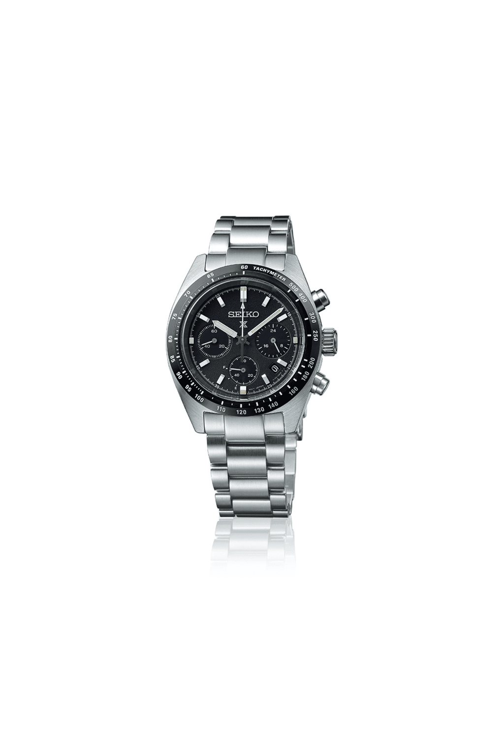 Orologio Seiko Speedtimer solare con quadrante nero e bracciale in acciaio, cassa 39 mm