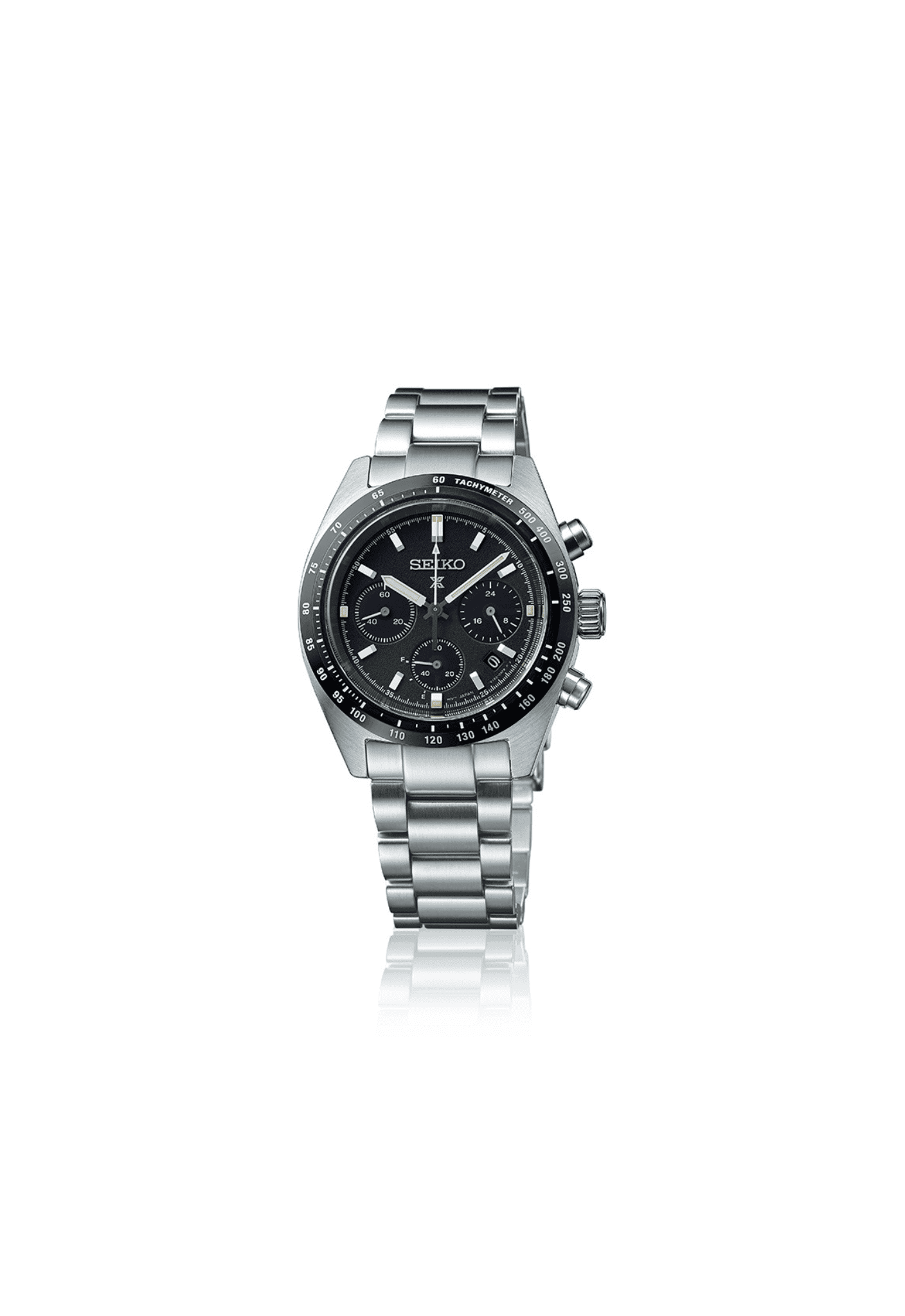 Orologio Seiko Speedtimer solare con quadrante nero e bracciale in acciaio, cassa 39 mm