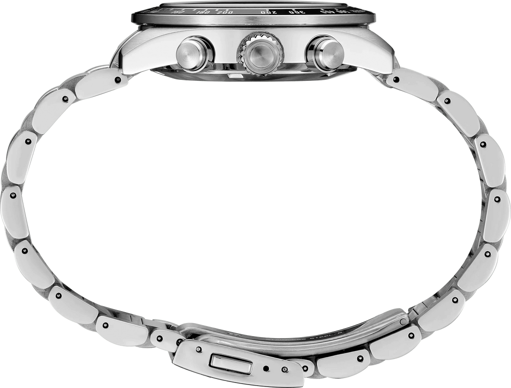 Orologio cronografo solare Seiko con cinturino in acciaio e pulsanti laterali