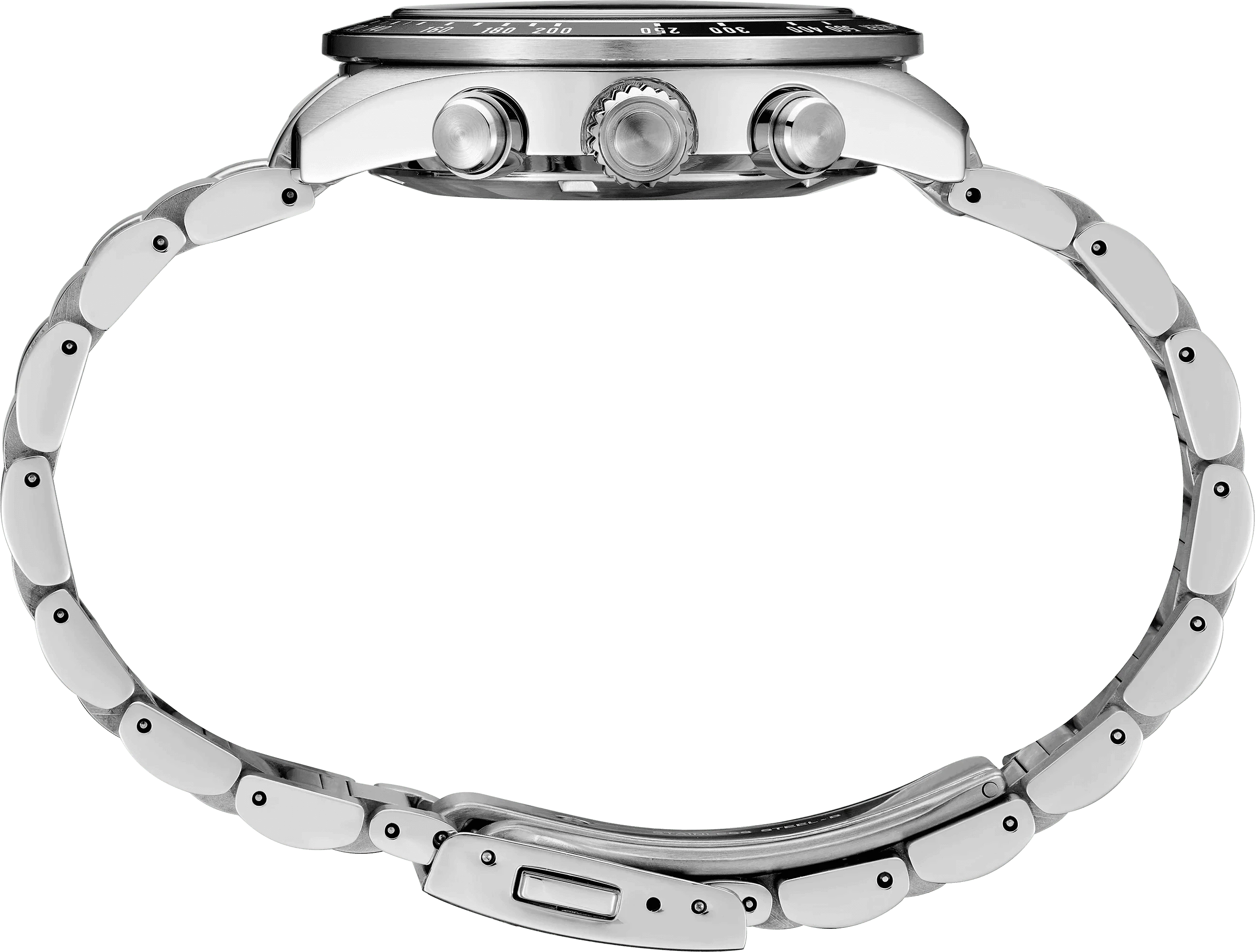 Orologio cronografo solare Seiko con cinturino in acciaio e pulsanti laterali