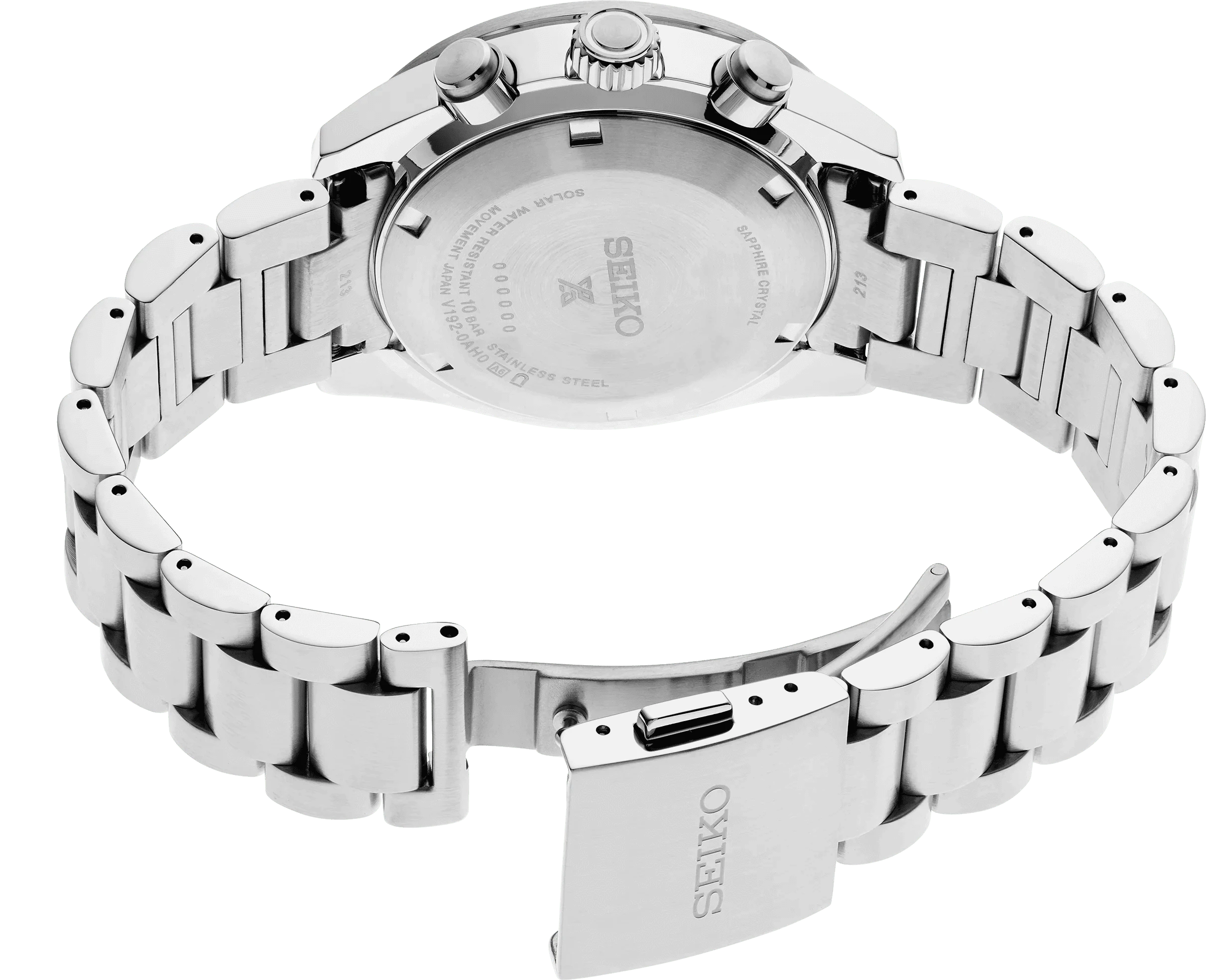 Orologio cronografo solare Seiko in acciaio con fibbia e fondello inciso