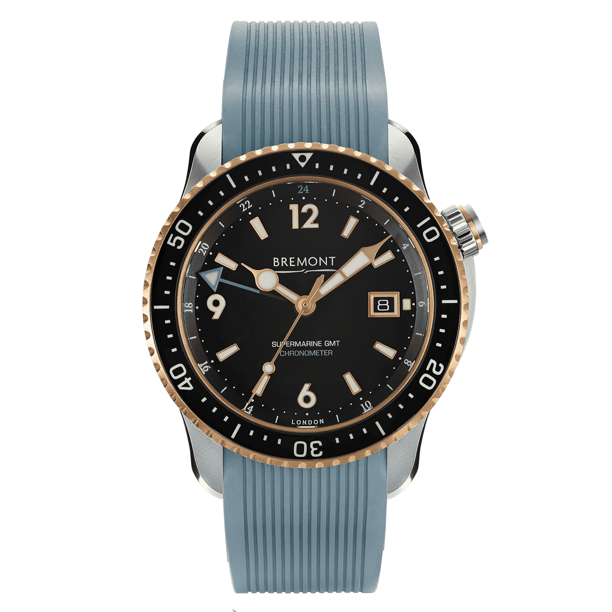 Orologio Bremont Submariner con quadrante nero e bracciale in gomma blu