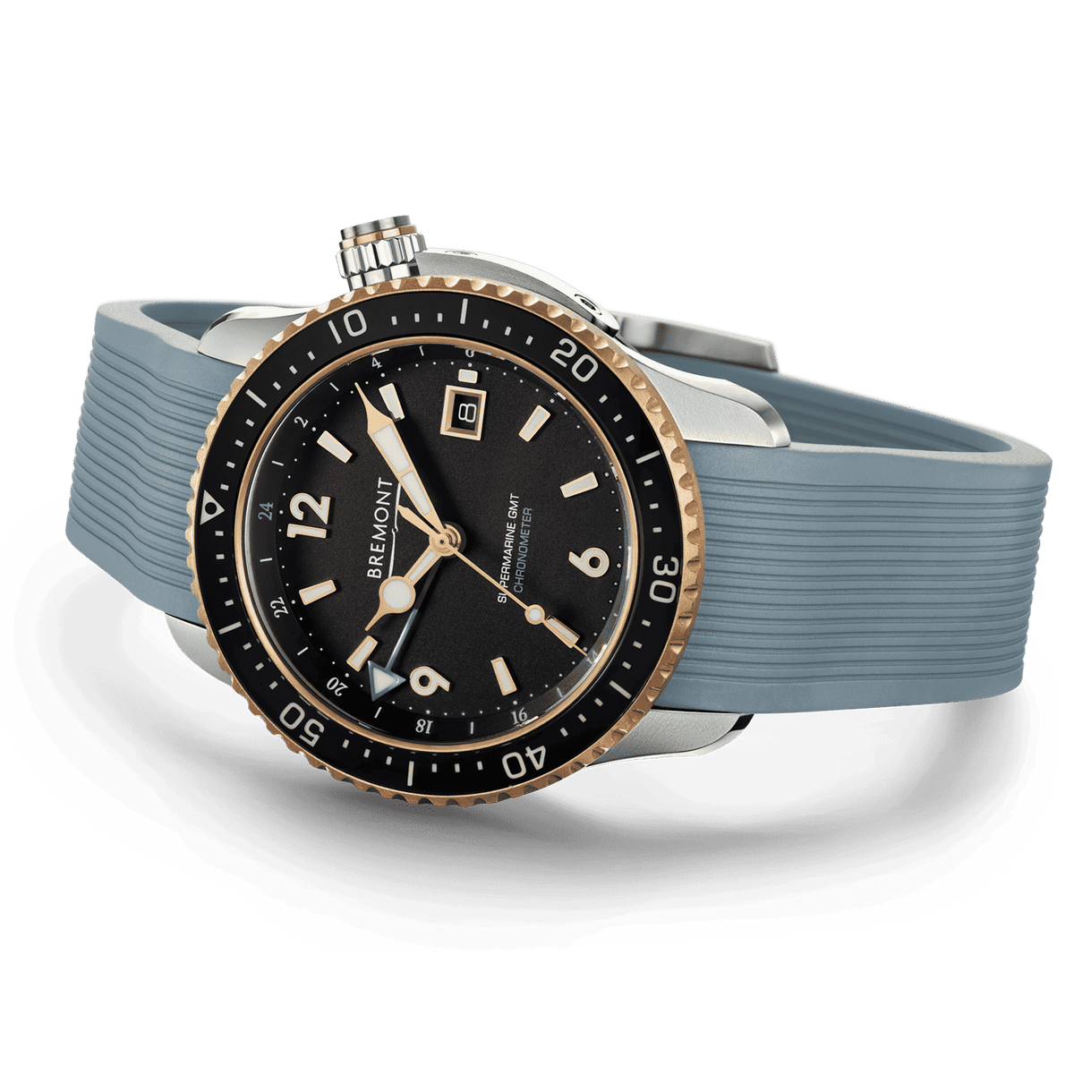 Orologio Bremont con quadrante nero e bracciale in gomma blu, vista laterale