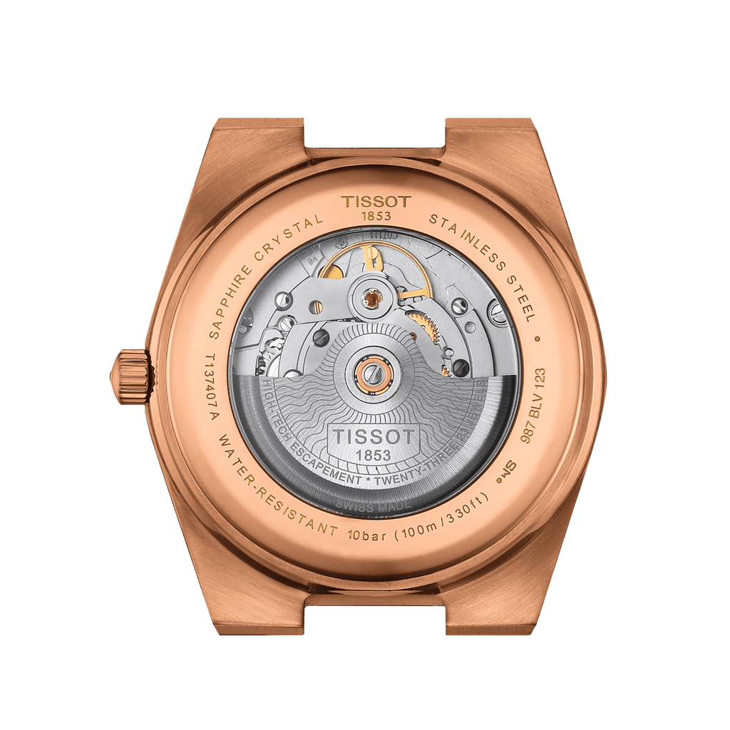 Orologio automatico oro rosa: fondello con movimento visibile