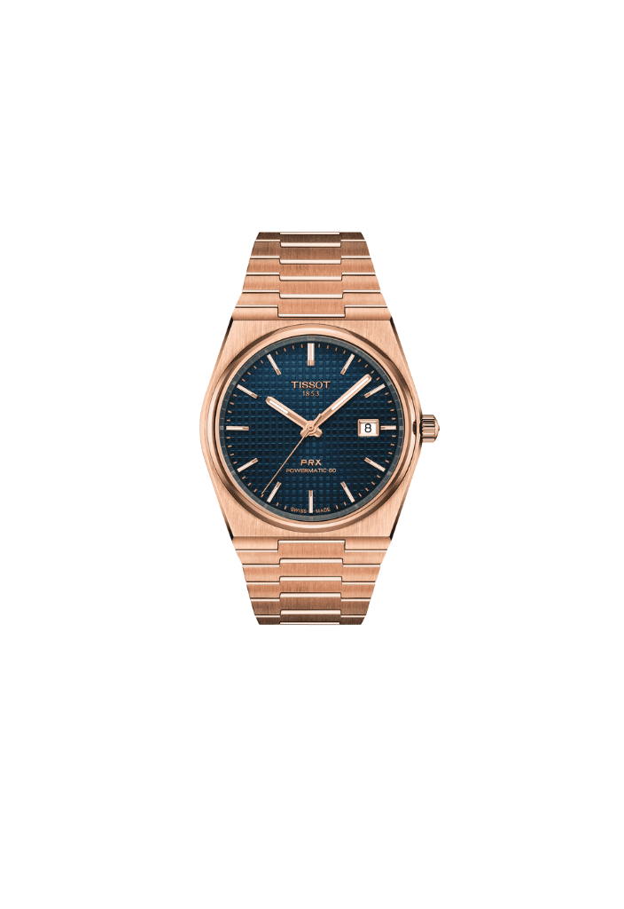 Orologio automatico con cassa oro rosa 40 mm e quadrante blu, bracciale maglia