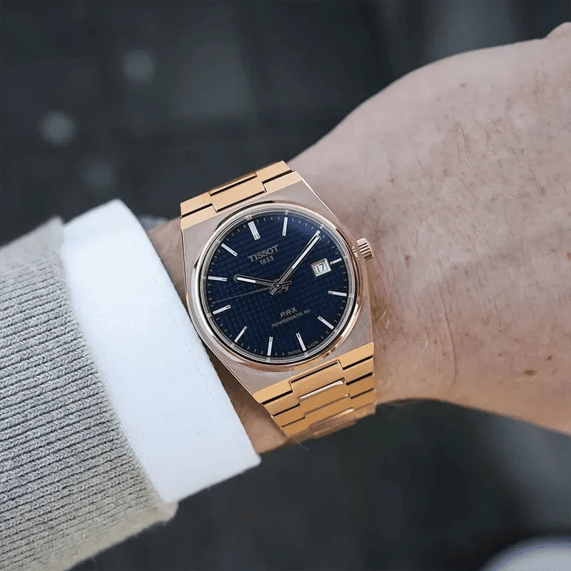Orologio automatico Tissot con quadrante blu e bracciale oro rosa PVD PRX