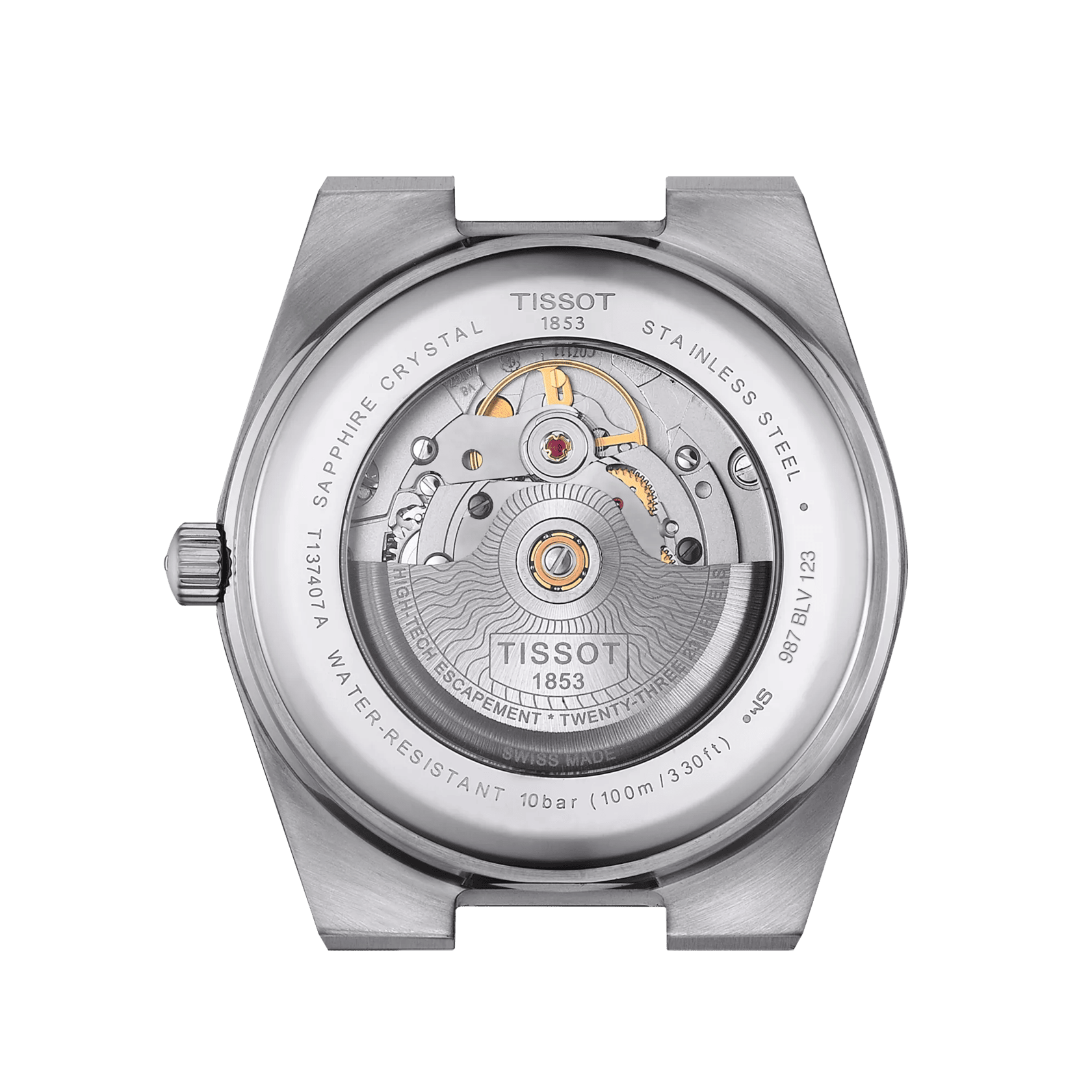 Orologio Tissot PRX con fondello a vista e meccanismo dorato