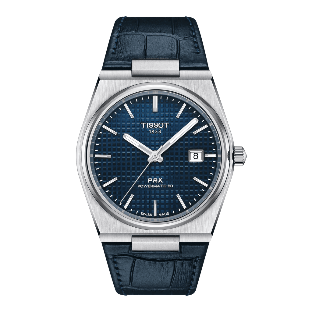 Orologio con cassa in acciaio satinato, quadrante blu a righe e cinturino in pelle
