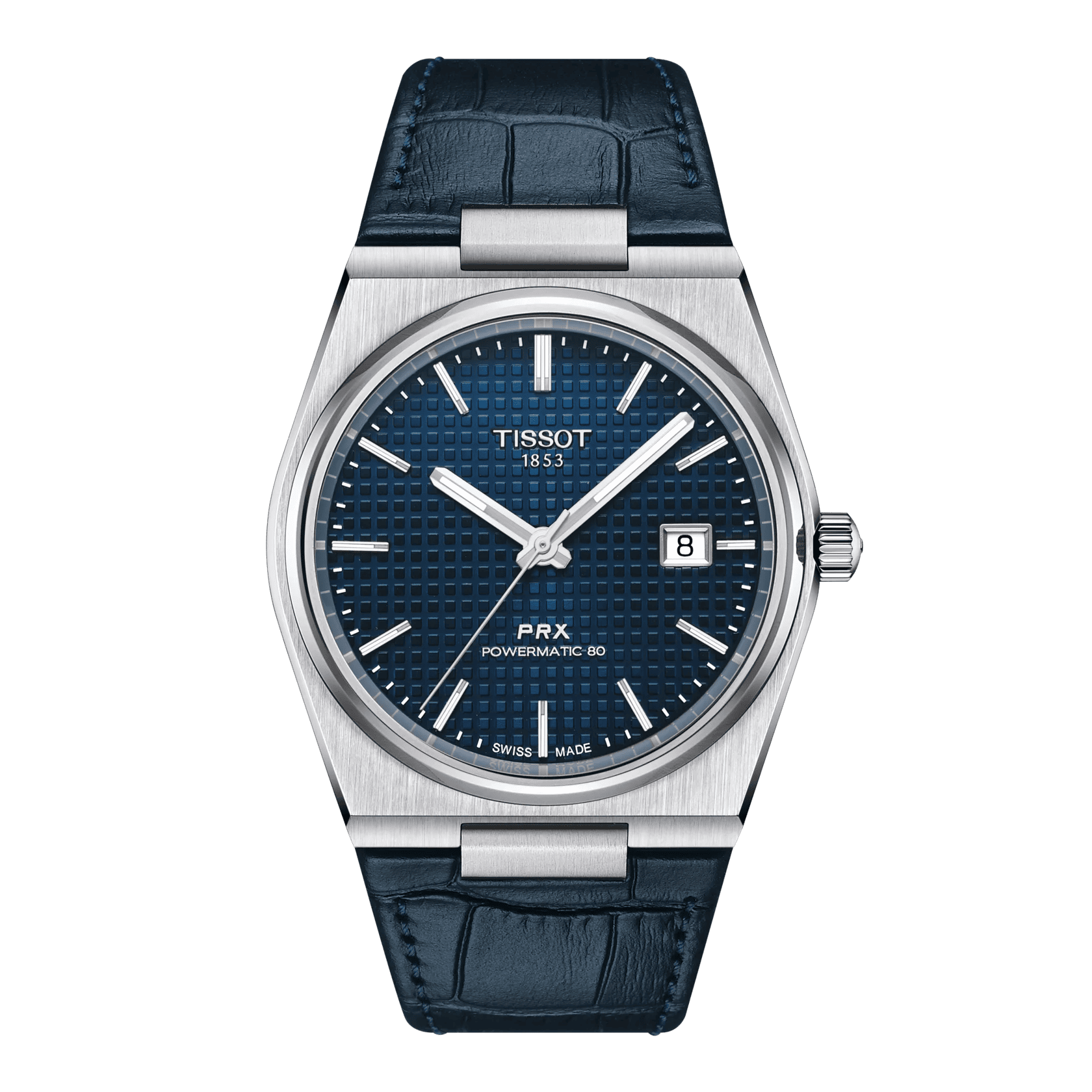 Orologio con cassa in acciaio satinato, quadrante blu a righe e cinturino in pelle