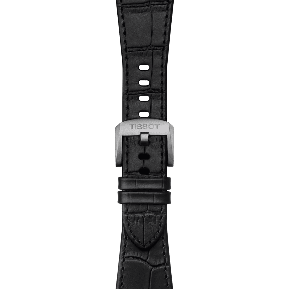 Orologio Tissot con cinturino in pelle nero e cassa tonneau acciaio, corona visibile