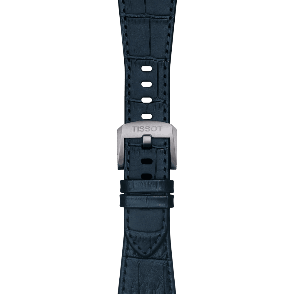 Orologio Tissot con cinturino in pelle blu scuro, fibbia e logo sul quadrante
