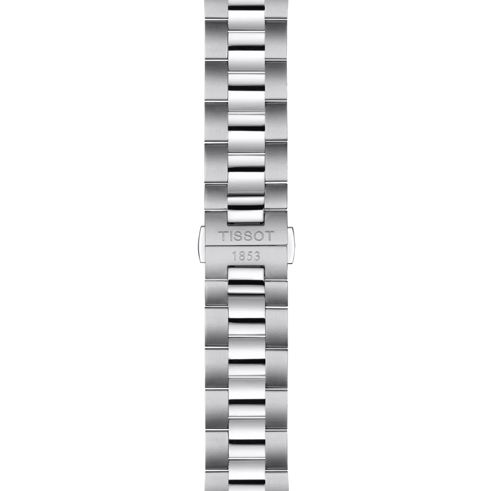 Bracciale dell’orologio Tissot in acciaio con chiusura e scritta TISSOT 1853