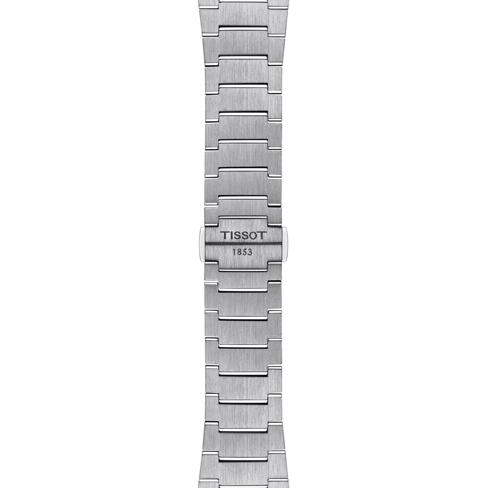Bracciale in acciaio dell’orologio PRX con chiusura e maglie a onde.