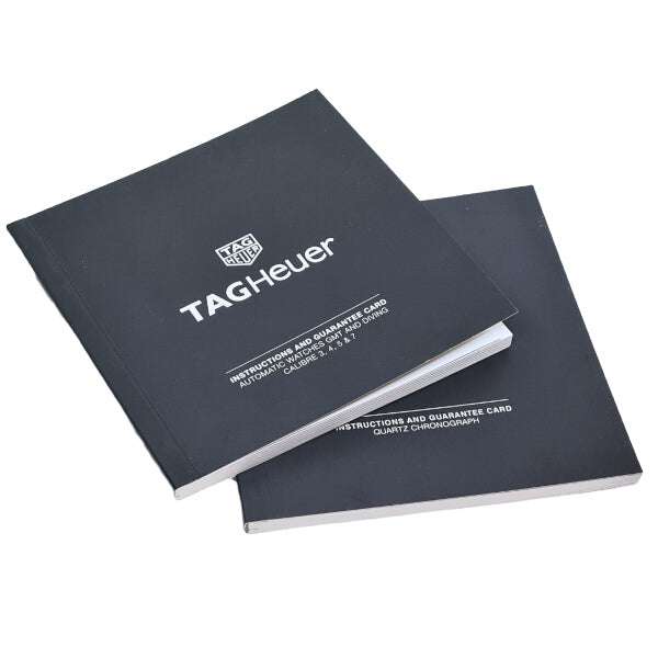 Istruzioni e garanzia TAG Heuer in custodia blu scuro, fascicolo piegato