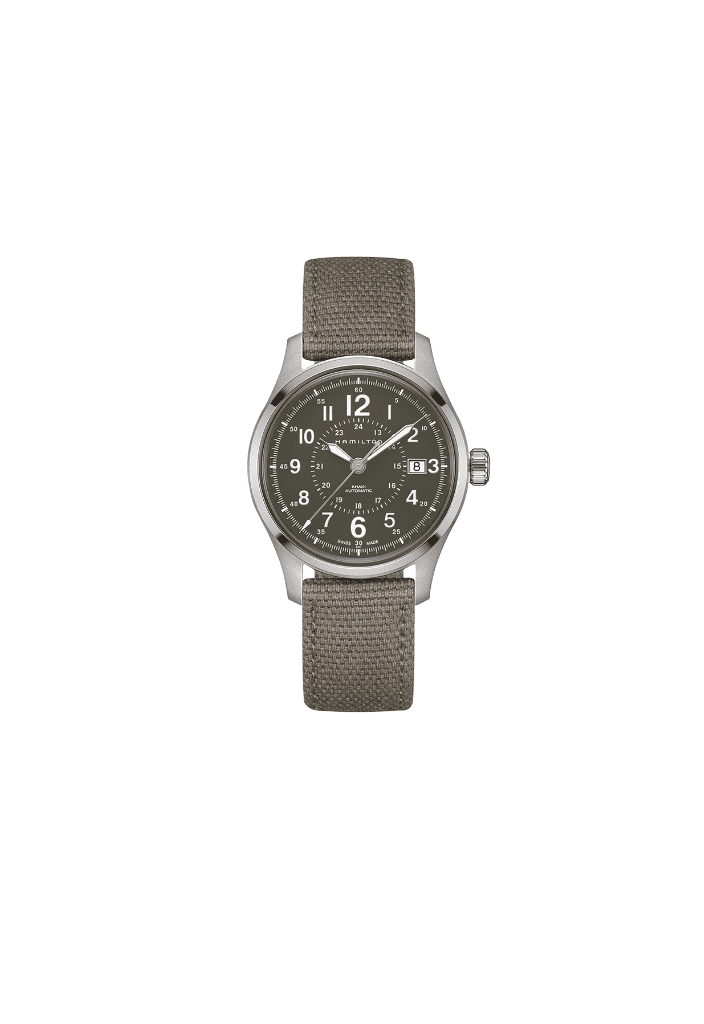 Orologio militare automatico con cinturino in tessuto verde oliva e quadrante verde scuro