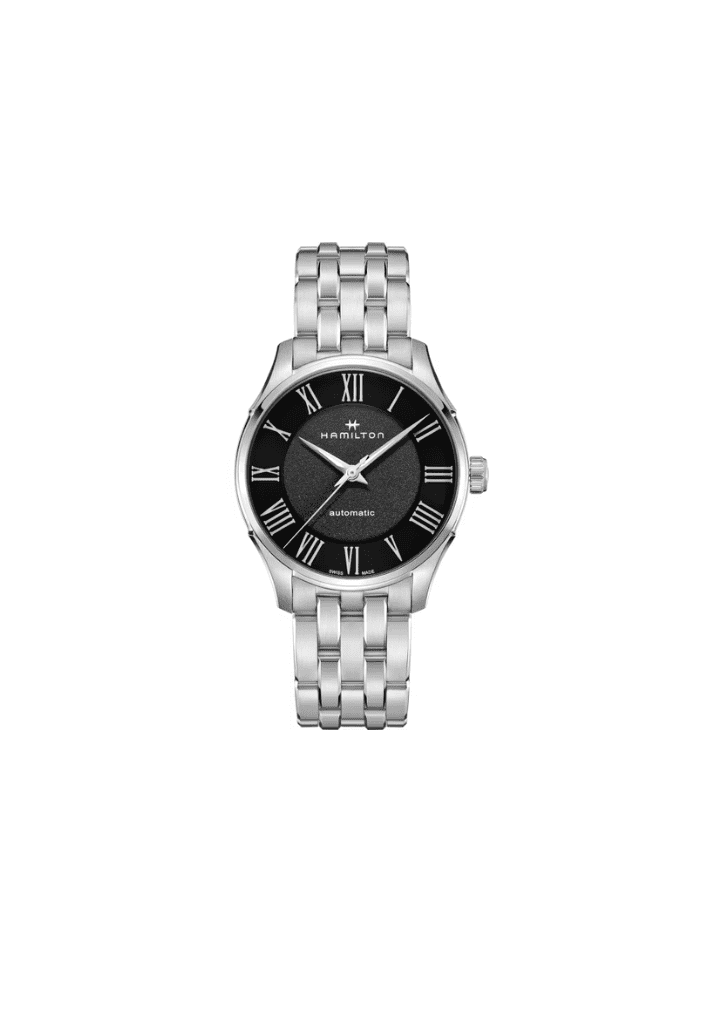 Orologio Hamilton Jazzmaster automatico con quadrante nero e bracciale d’acciaio argento