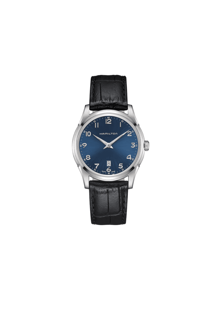 Orologio da polso blu con cassa in acciaio argento e cinturino in pelle nera