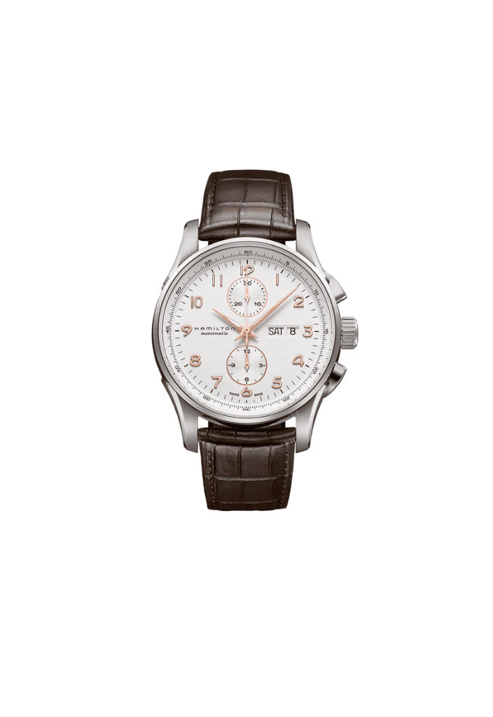 Orologio Hamilton Jazzmaster con quadrante bianco, cassa acciaio e cinturino pelle marrone