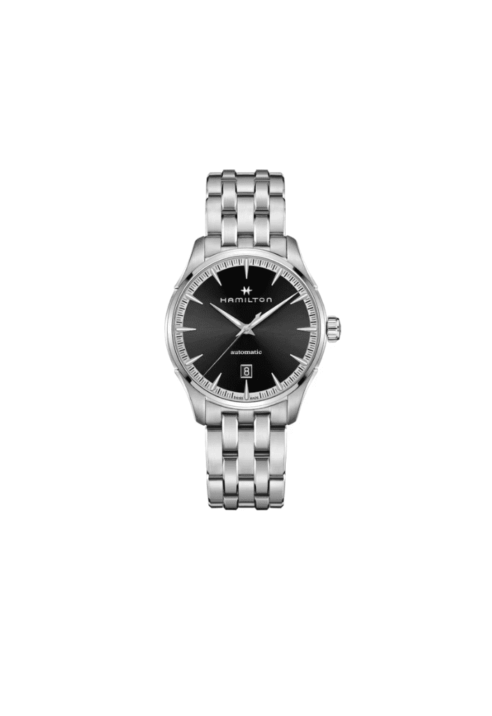 Orologio automatico con quadrante nero e bracciale in acciaio, cassa rotonda