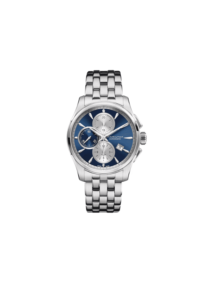 Orologio con cinturino in acciaio e quadrante blu con cronografi