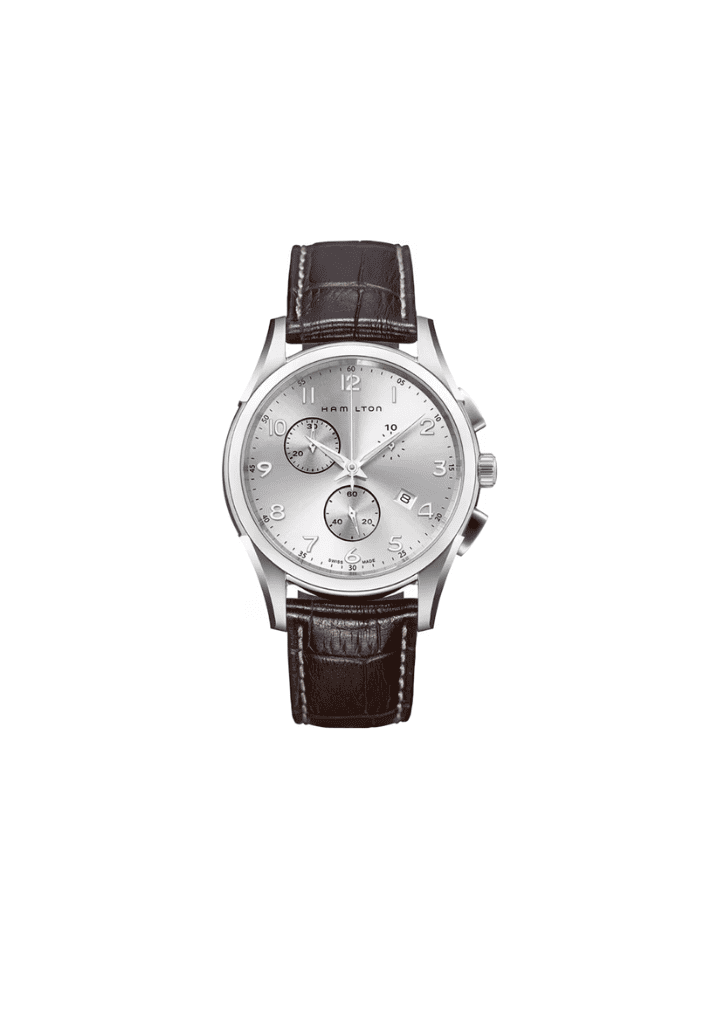Orologio cronografo con quadrante chiaro e cinturino in pelle marrone.