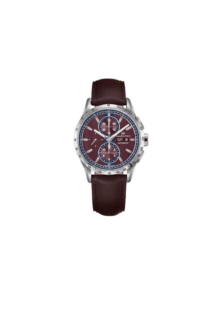 Orologio cronografo automatico con quadrante bordeaux e cinturino in pelle bordeaux