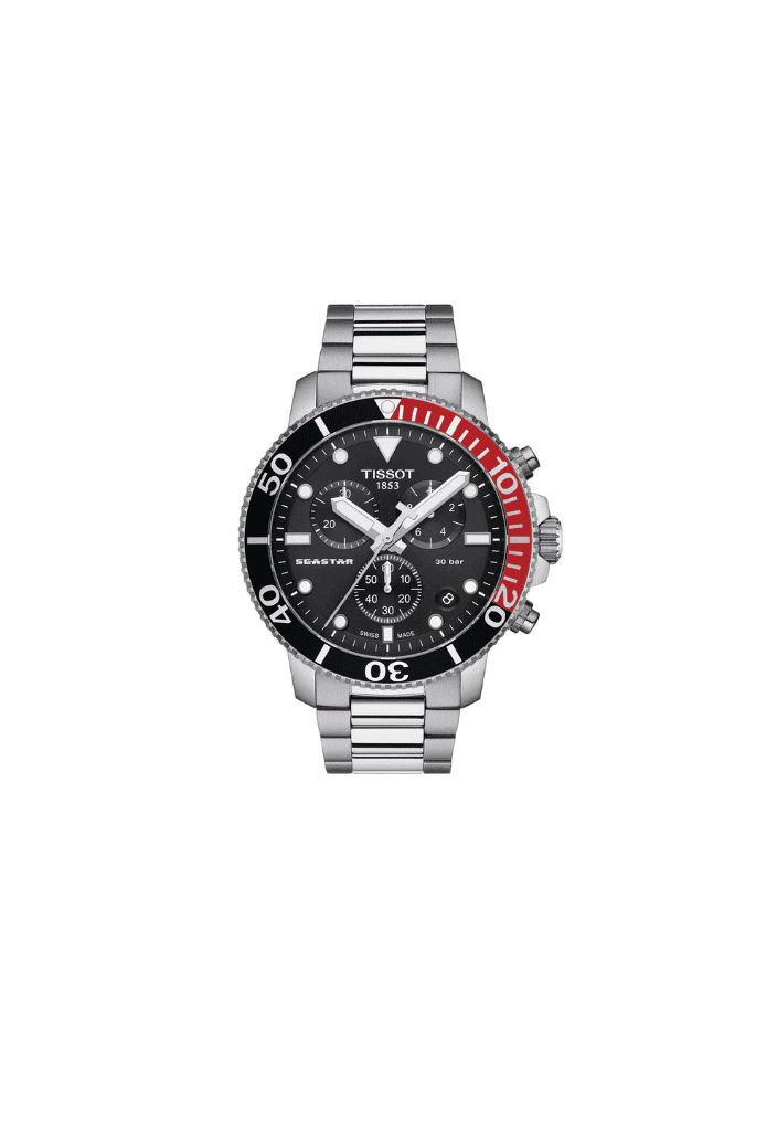 Orologio subacqueo Tissot con quadrante nero e cronografo, lunetta girevole rossa