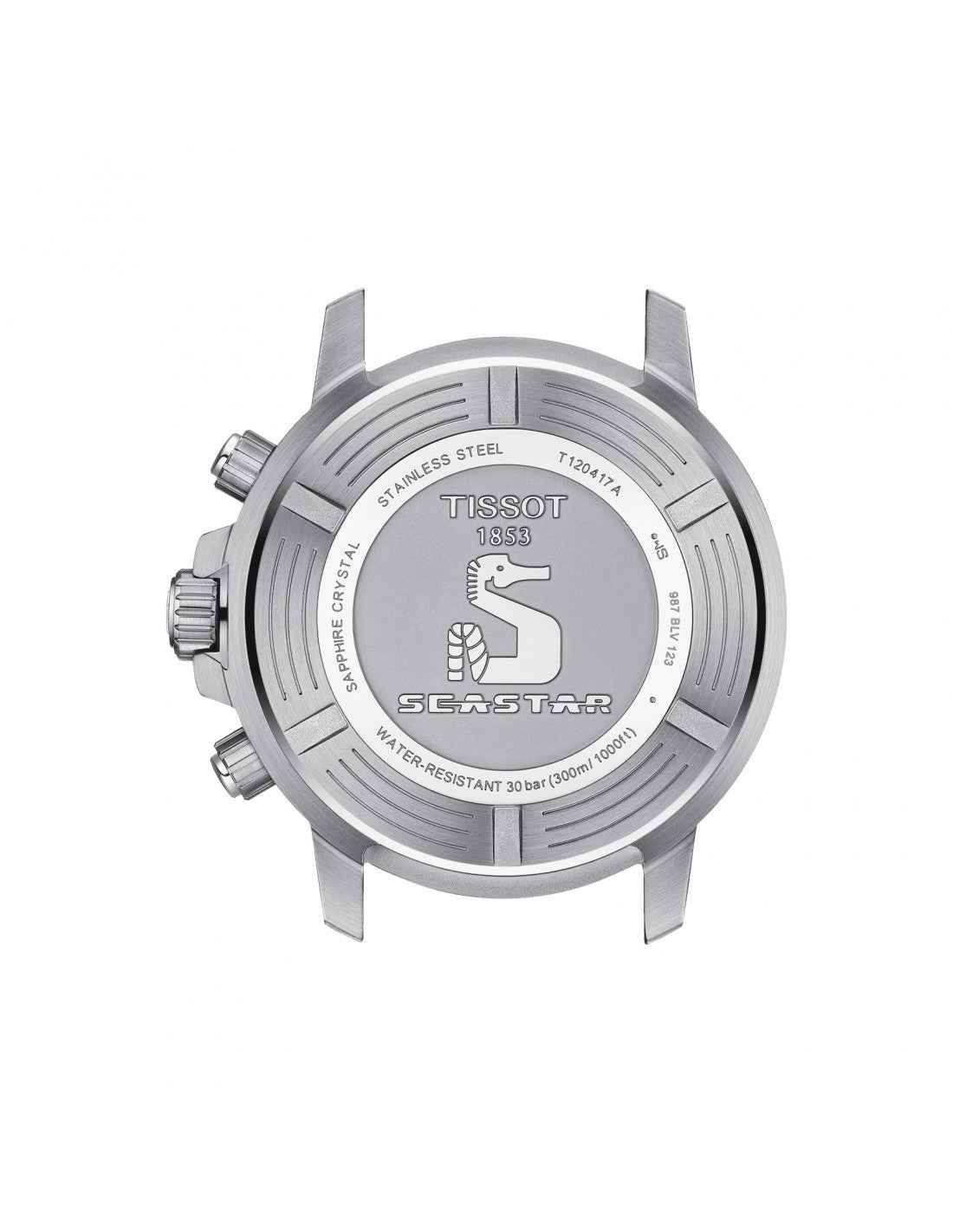 Fondello dell’orologio in acciaio con logo Tissot Seastar e scritte
