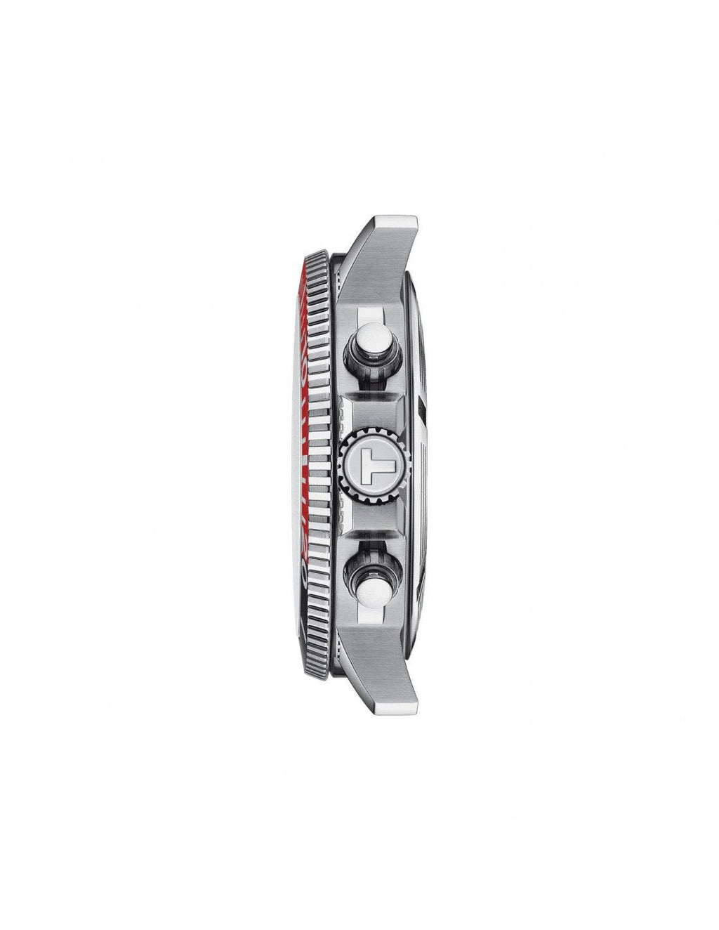 Orologio cronografo Tissot Seastar 1000 profilo laterale con ghiera rossa e cassa acciaio