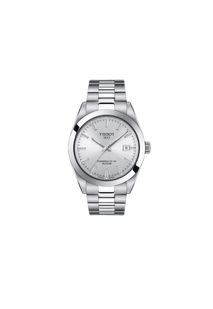Orologio Tissot acciaio 316L con quadrante argento sunray e datario, bracciale a maglie