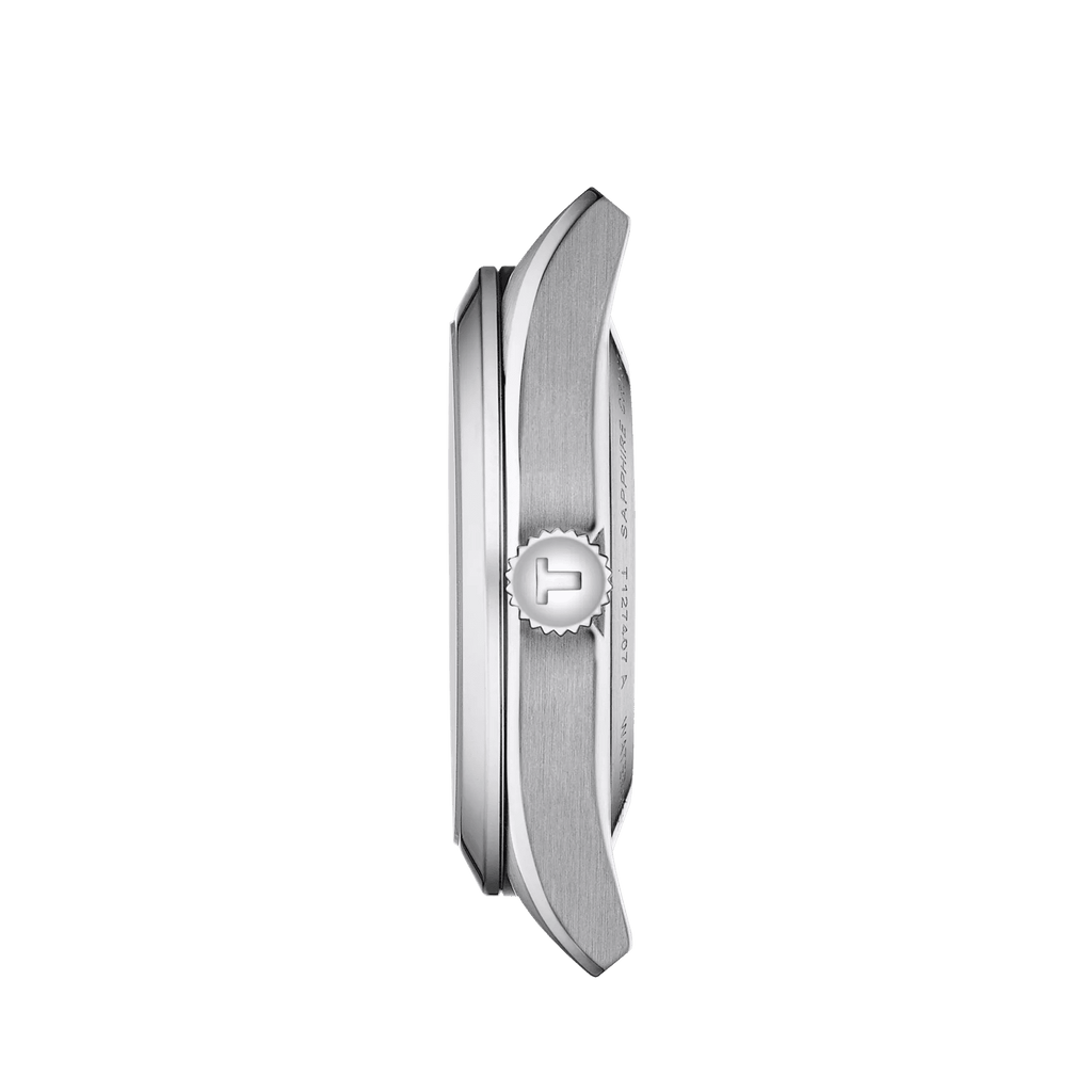 Orologio Tissot argento con profilo sottile e corona a ore 3, cassa acciaio