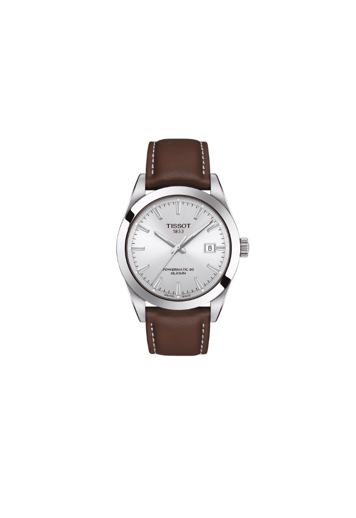 Orologio Tissot con cassa argento, quadrante bianco e cinturino in pelle marrone