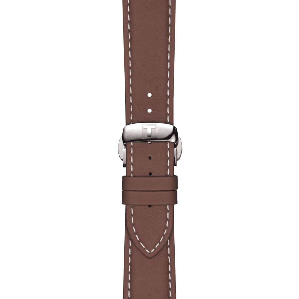 Orologio Tissot, fibbia e cinturino in pelle marrone con cuciture a contrasto