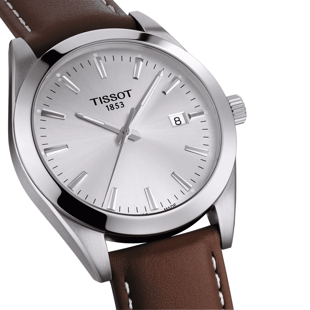 Orologio Tissot con quadrante argento satinato, datario e cinturino marrone