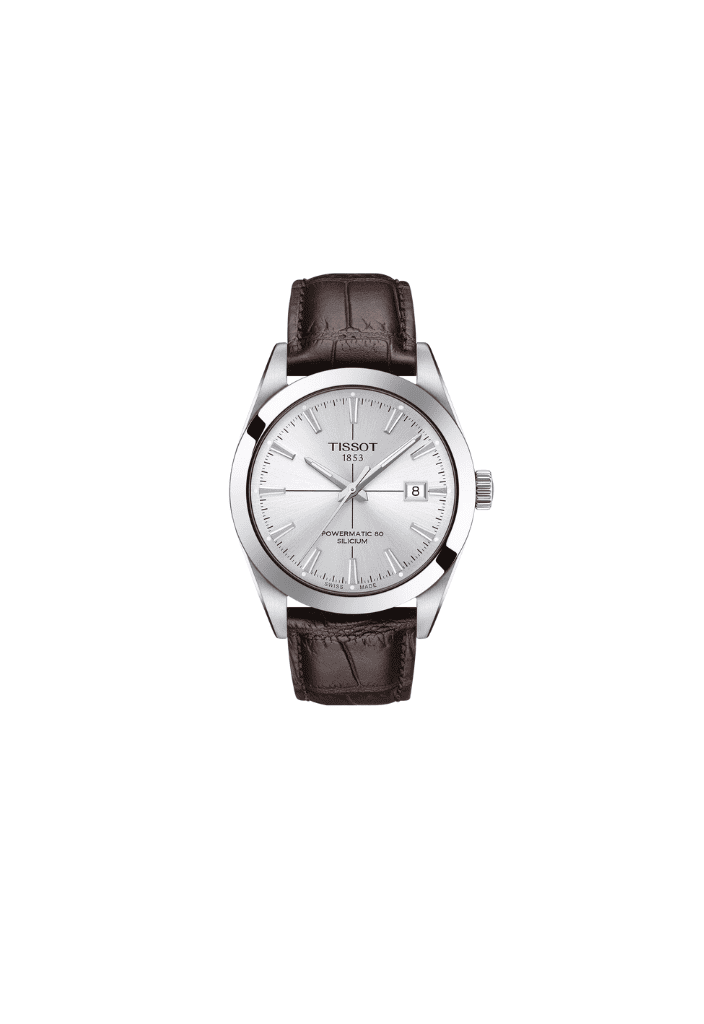 Orologio Tissot con quadrante argento, cassa in acciaio e cinturino in pelle marrone