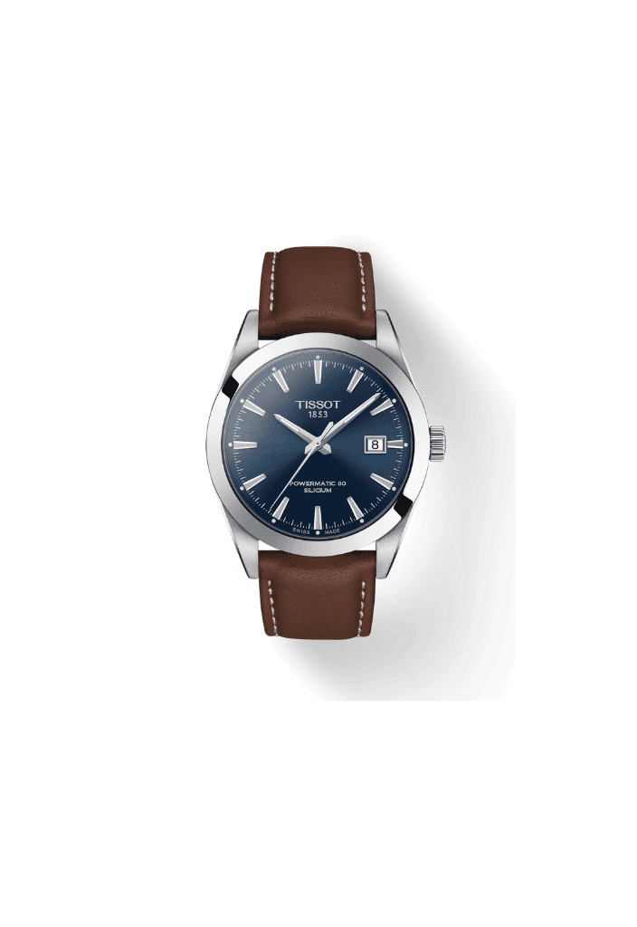 Orologio Tissot automatico con cinturino in pelle marrone e quadrante blu, 40 mm