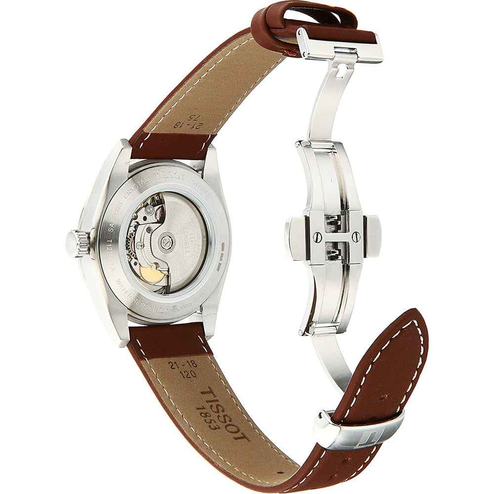 Orologio Tissot con fondello a vista e cassa d’acciaio, cinturino in pelle marrone