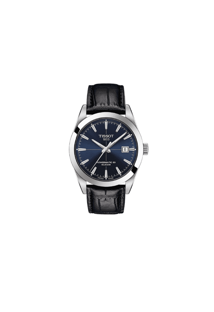 Orologio automatico Tissot con quadrante blu scuro e cinturino in pelle nera