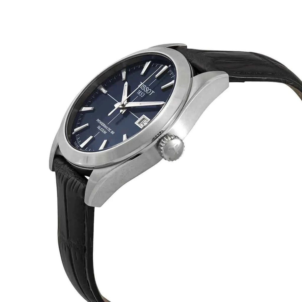 Orologio da polso con cassa argento, quadrante blu e cinturino in pelle nera.