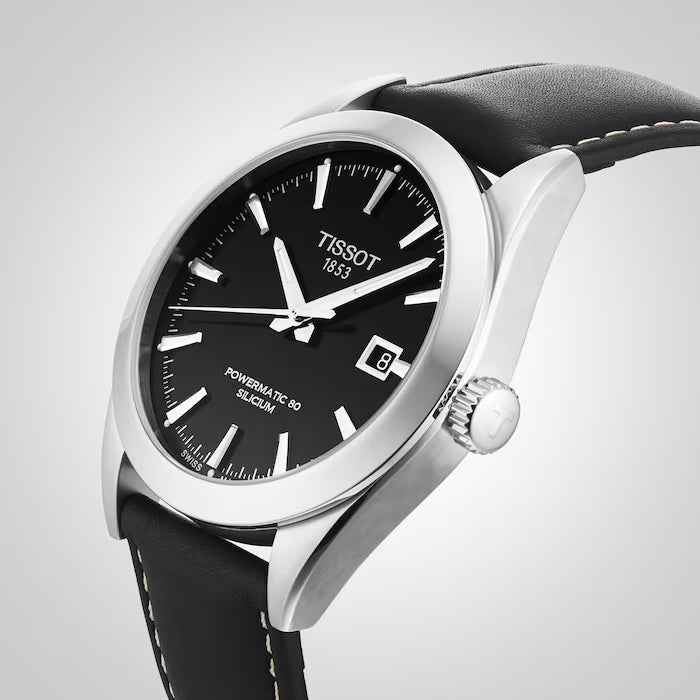 Orologio automatico con quadrante nero PowerMatic 80 e cinturino in pelle nero