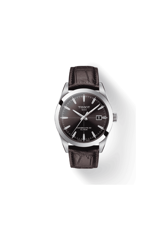 Orologio Tissot automatico con quadrante nero e cinturino in pelle marrone scuro