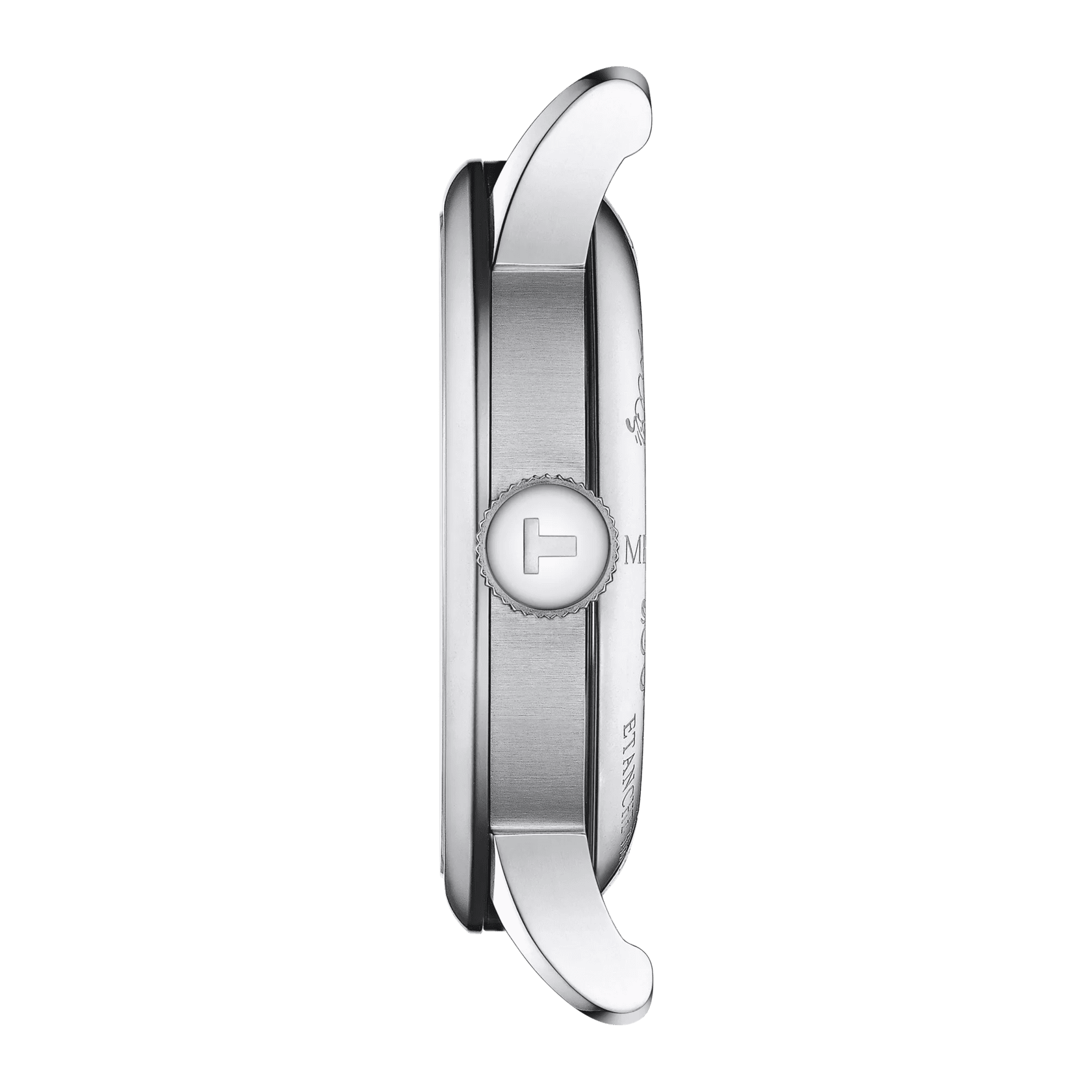 Orologio Tissot argento vista laterale con corona a ore 3 e cinturino metallico