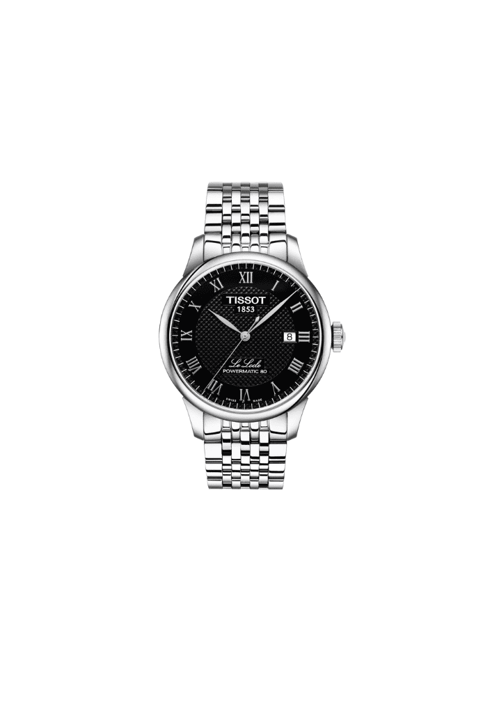 Orologio automatico Tissot Le Locle con quadrante nero e bracciale d’acciaio, 39,3 mm