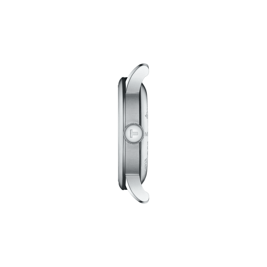 Orologio automatico con cassa argento e corona laterale.