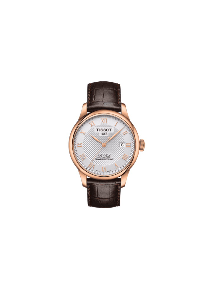Orologio rotondo con cassa oro rosa, quadrante argento e cinturino in pelle marrone