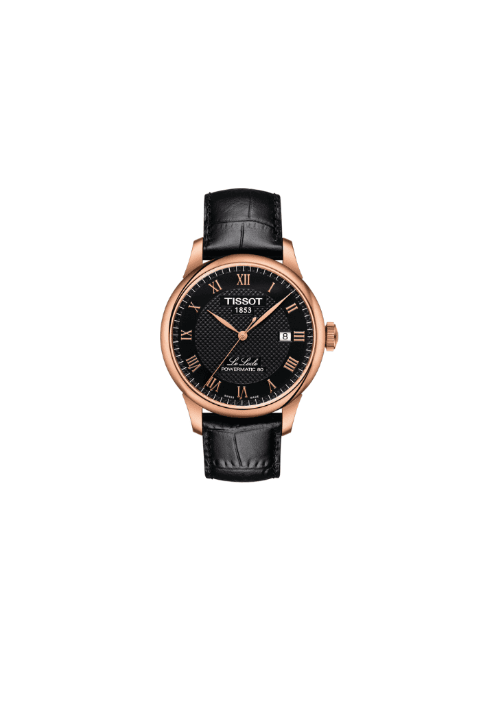 Orologio Tissot con quadrante nero, cassa oro rosa e cinturino in pelle nera