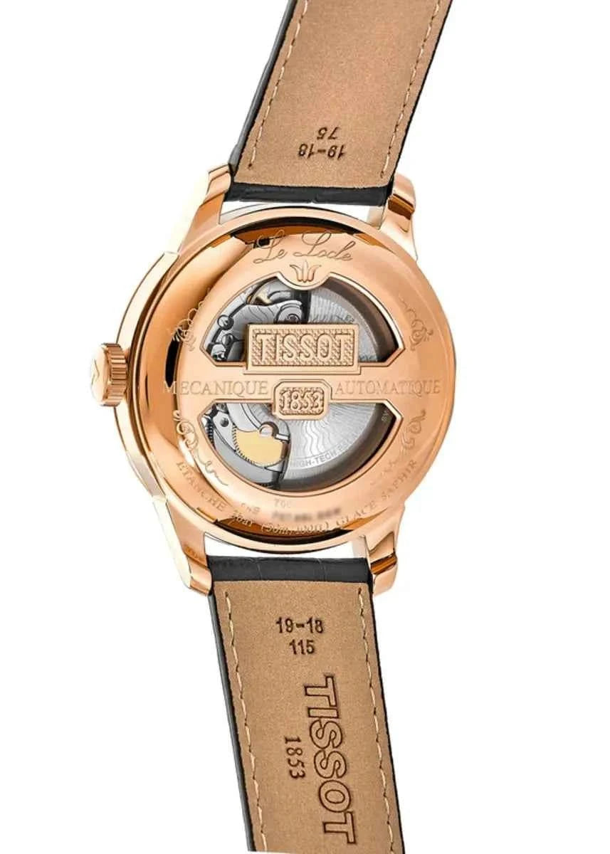 Orologio con fondello trasparente e cassa oro rosa, cinturino in pelle marrone