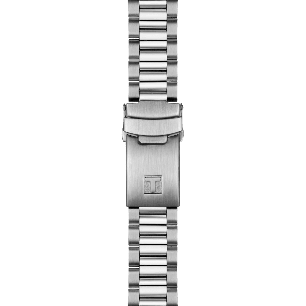 Bracciale in acciaio dell’orologio Tissot con fibbia e inciso T sul fermo