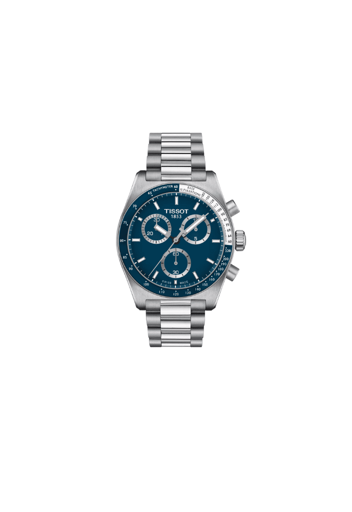 Orologio cronografo Tissot PR516 con quadrante blu e cinturino in acciaio, 40 mm