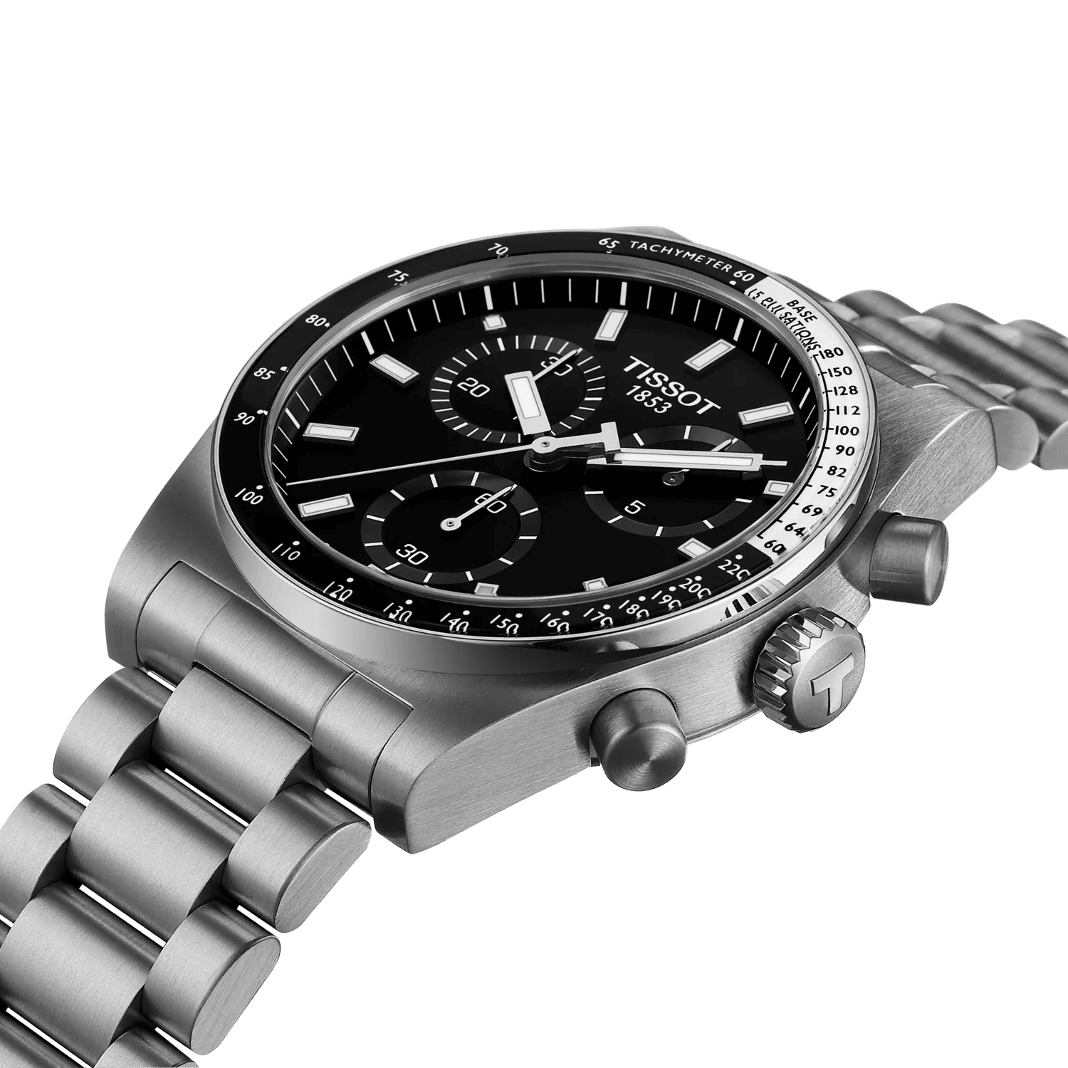 Orologio cronografo con quadrante nero e bracciale in acciaio, tre contatori.